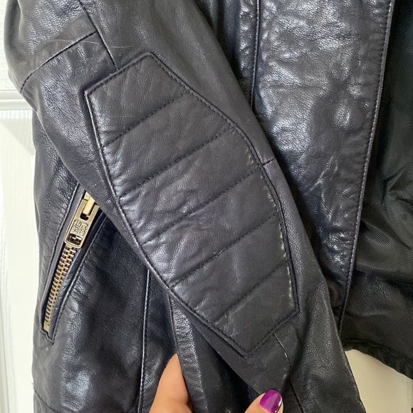 Superdry Women’s Large Navy Leather Jacket with zipper closure and button snaps - Picture 6 of 7